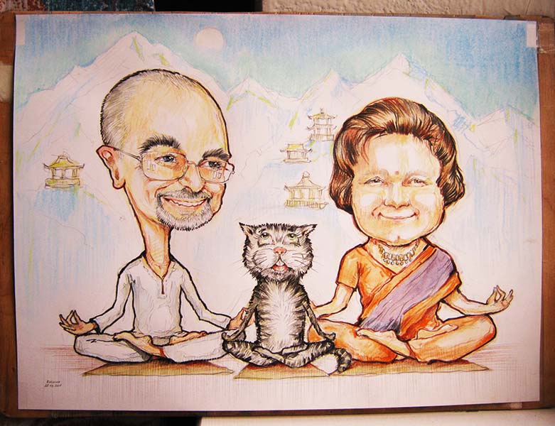 Шарж семьи с кошкой медитация на 8 Марта по фото от шаржиста Мишеля Минск Михаил Шабалин
