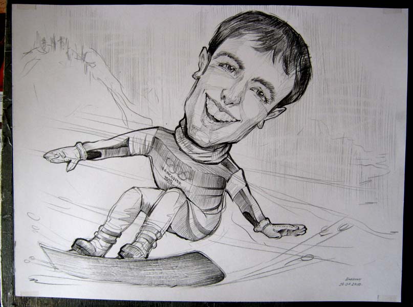 Парень на сноуборде простым карандашом шаржист Михаил Шабалин, шаржист Мишель