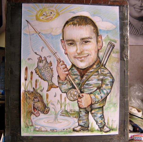 Рыбак с удочкой цветными мелками шаржист Михаил Шабалин, шаржист Мишель